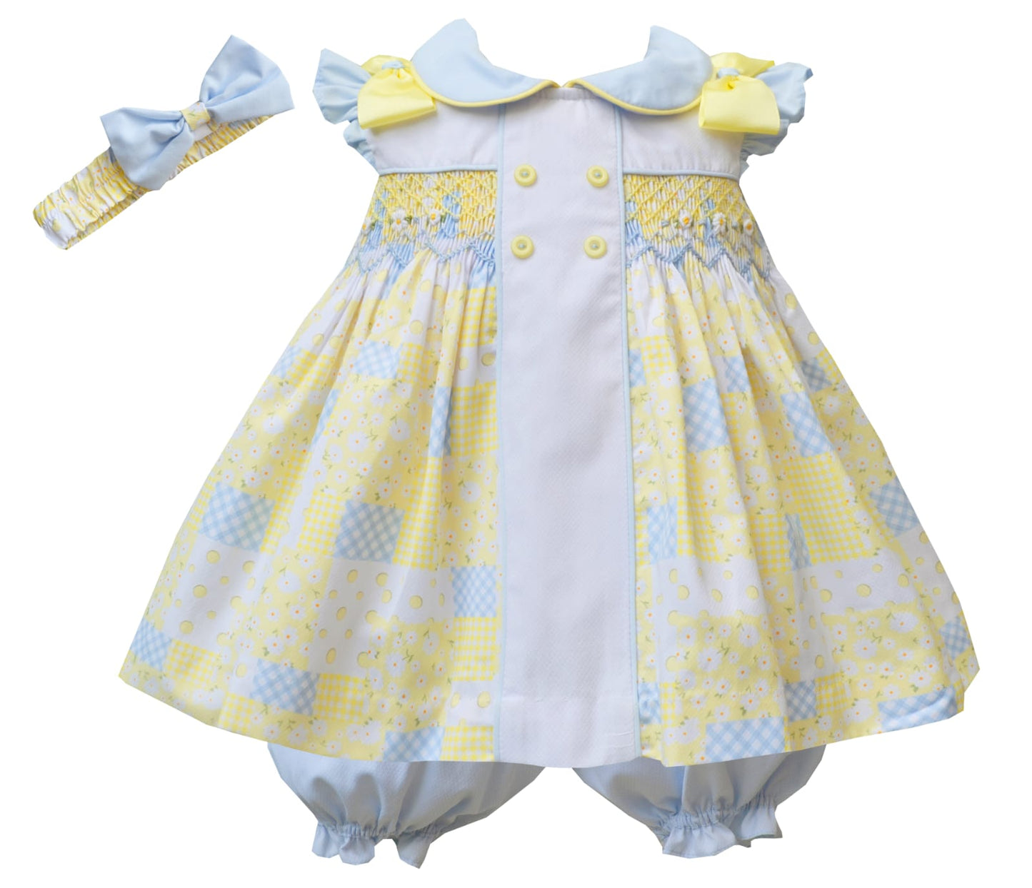 Girls Yellow and Blue Patchwork Hand Smocked Dress Set