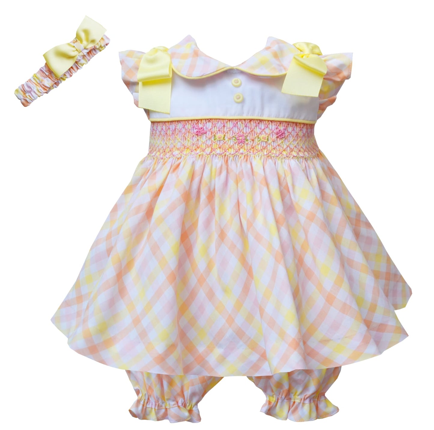 Girls Checked Hand Smocked Dress Set