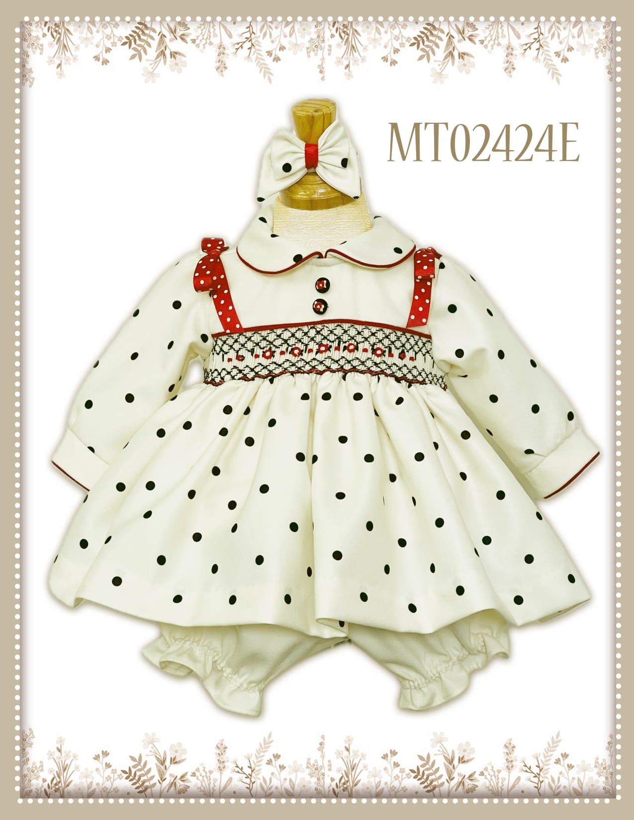 Cream & Black Dot Smocked Dress