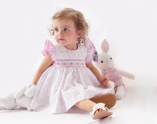 Girls Pink Bunny Hand Smocked Dress Set