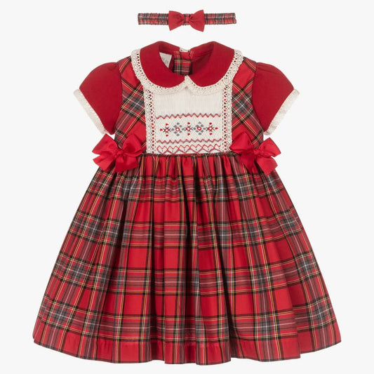 Girls Red Tartan Smocked Dress