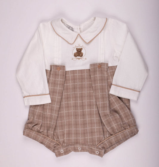 Boys Camel Checked Teddy Romper