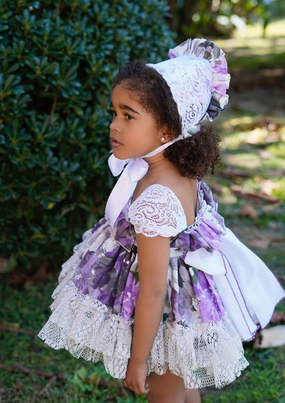 Ela Confeccion SS25 Girls Purple Floral Handmade Puffball Dress & Knickers Set - (Made to order)