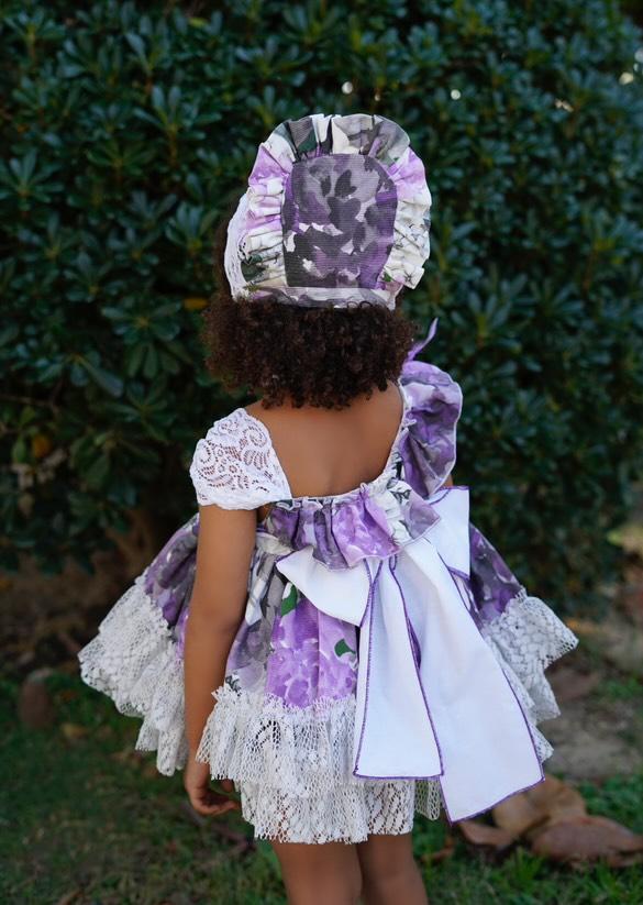 Ela Confeccion SS25 Girls Purple Floral Handmade Puffball Dress & Knickers Set - (Made to order)