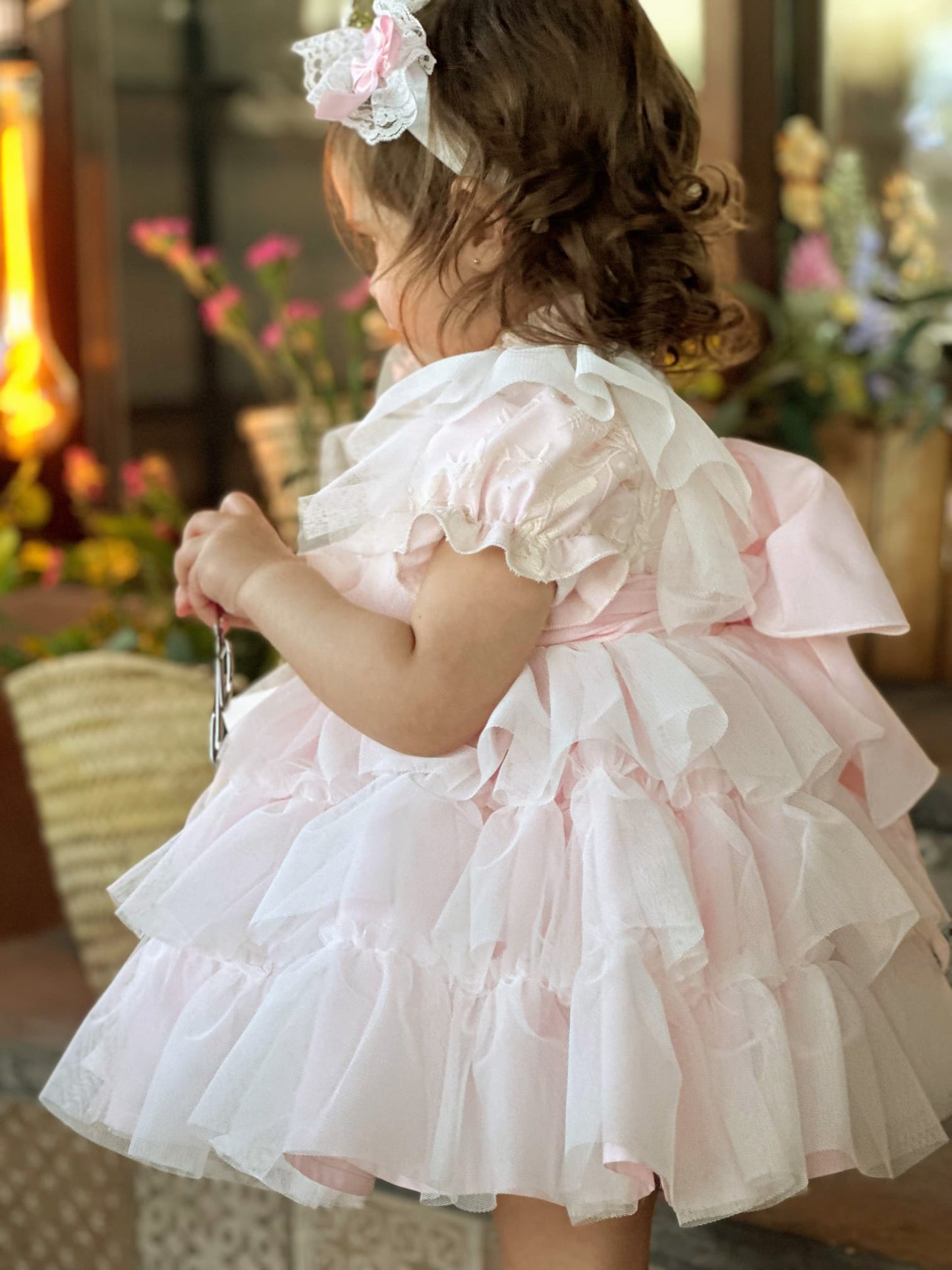 Girls Handmade Pink Overlay Ruffle Dress - (Made To Order)