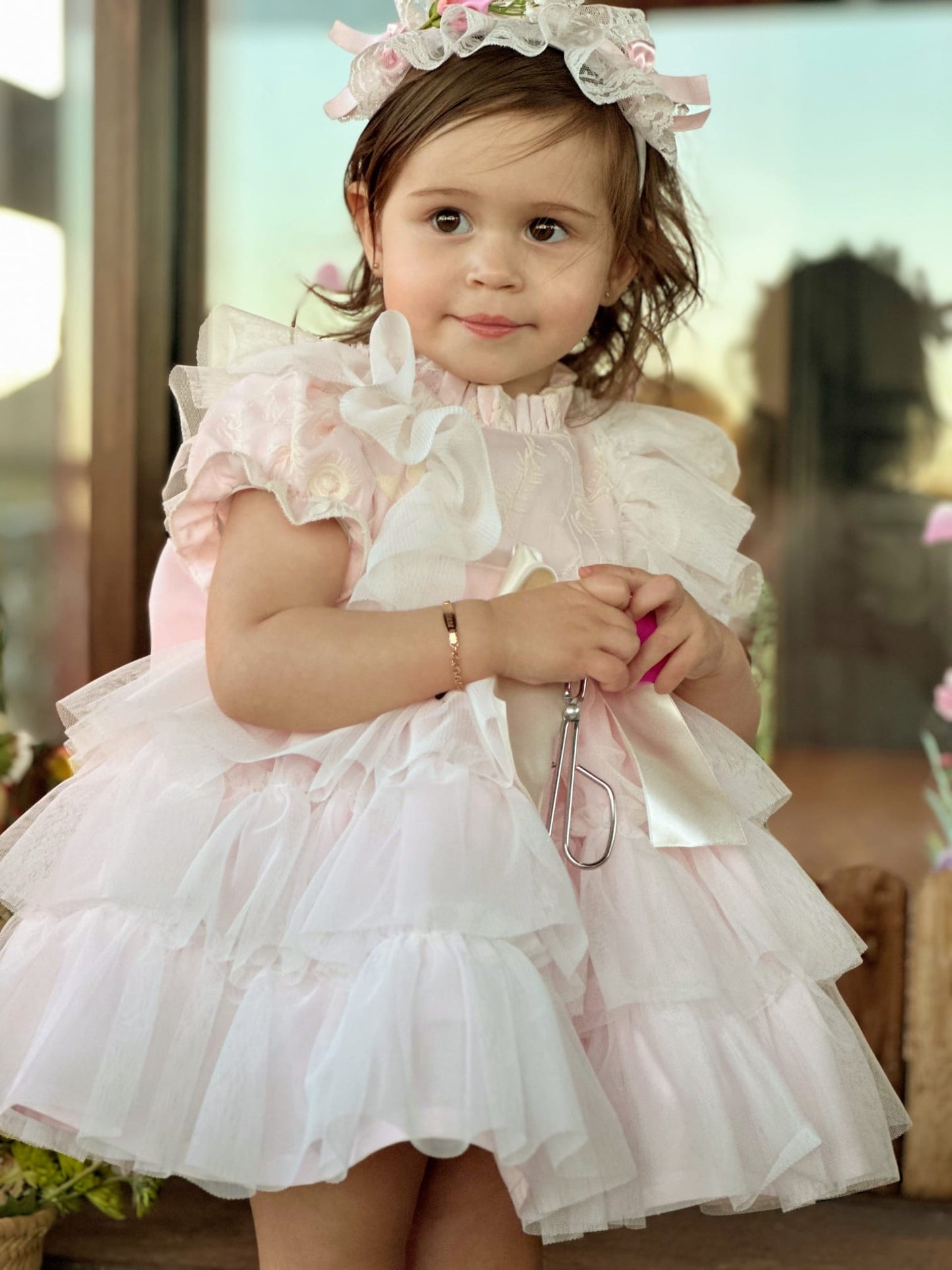 Girls Handmade Pink Overlay Ruffle Dress - (Made To Order)