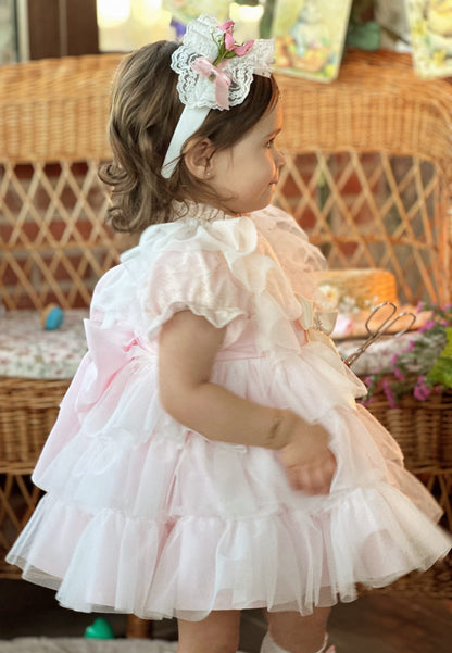 Girls Handmade Pink Overlay Ruffle Dress - (Made To Order)