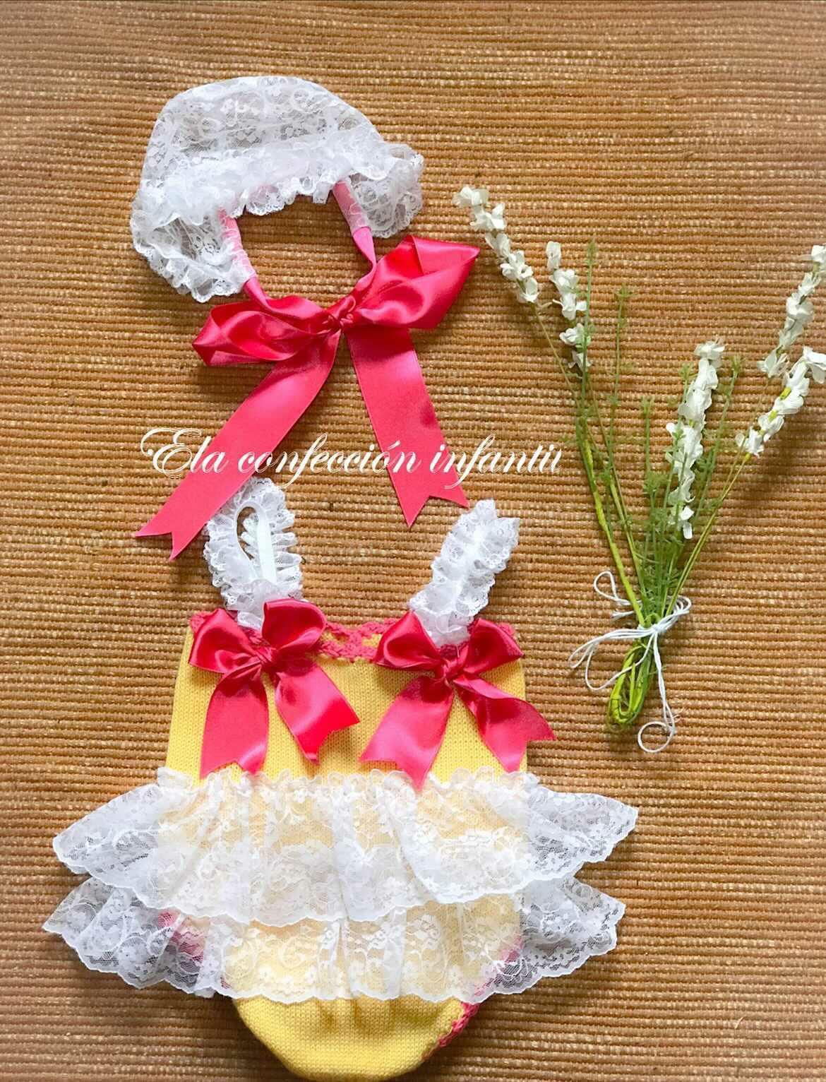 Lemon & Lace Hand Knitted Tulle Romper & Bonnet - (Made To Order)