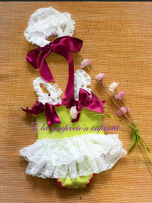 Ela Confeccion Summer Tulle Romper & Lace Bonnet Set - (Made To Order)