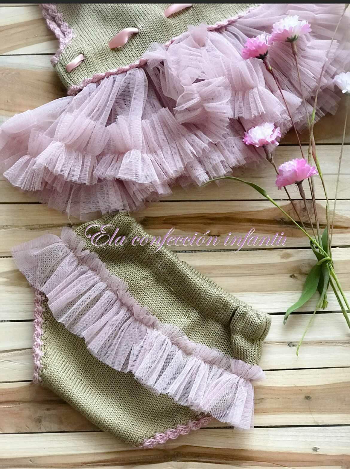 Ela Confeccion Hand Knitted Camel Tulle 3 Piece Set - (Made to order)