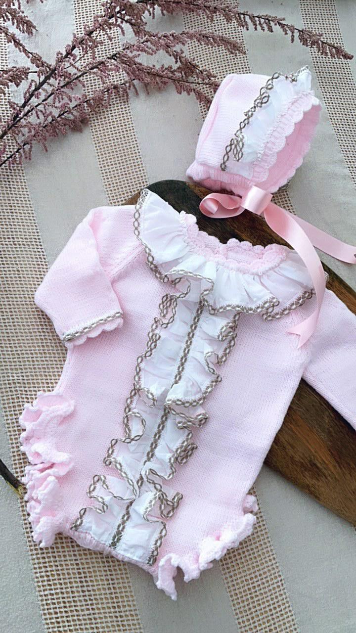 Ela Confeccion Baby Girls Hand Knitted Romper & Bonnet - (Made To Order)