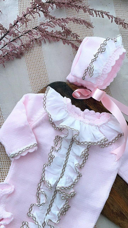 Ela Confeccion Baby Girls Hand Knitted Romper & Bonnet - (Made To Order)