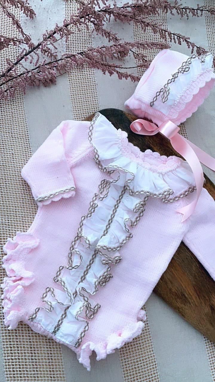 Ela Confeccion Baby Girls Hand Knitted Romper & Bonnet - (Made To Order)