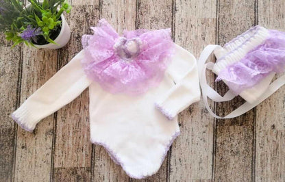 Ela Confeccion White Hand Knitted Frill Neck Romper & Bonnet Set - (Made To Order)