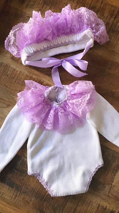 Ela Confeccion White Hand Knitted Frill Neck Romper & Bonnet Set - (Made To Order)