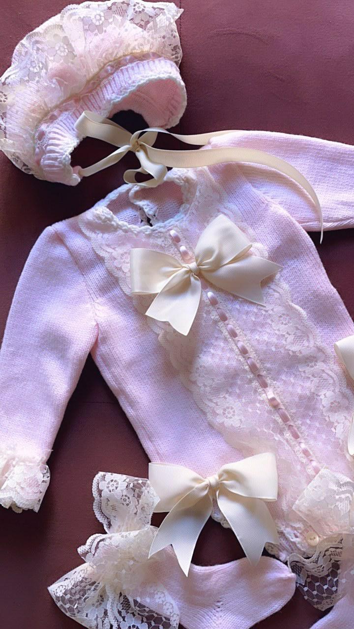 Baby Girls Pink Hand Knitted Romper & Bonnet - (Made To Order)