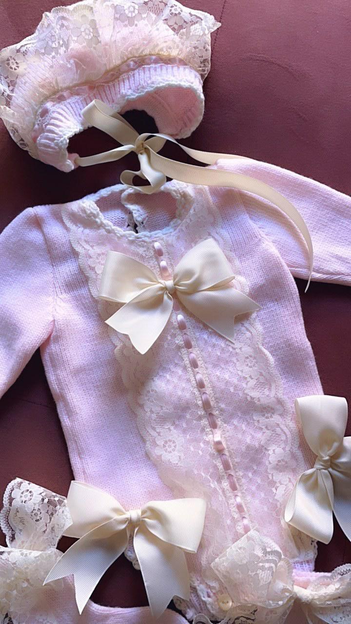 Baby Girls Pink Hand Knitted Romper & Bonnet - (Made To Order)