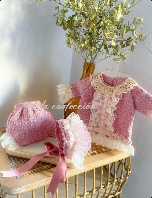 Ela Confeccion Dusky Pink Hand Knitted Top, Jam Pant & Bonnet Set - (Made To Order)