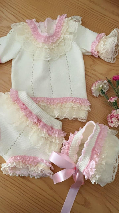 Ela Confeccion Girls Frill Lace Hand Knitted Set - (Made To Order)