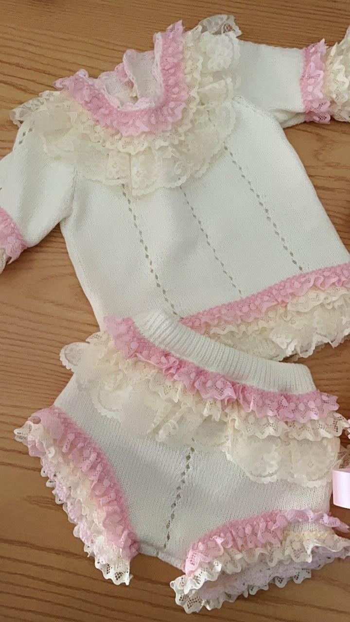 Ela Confeccion Girls Frill Lace Hand Knitted Set - (Made To Order)