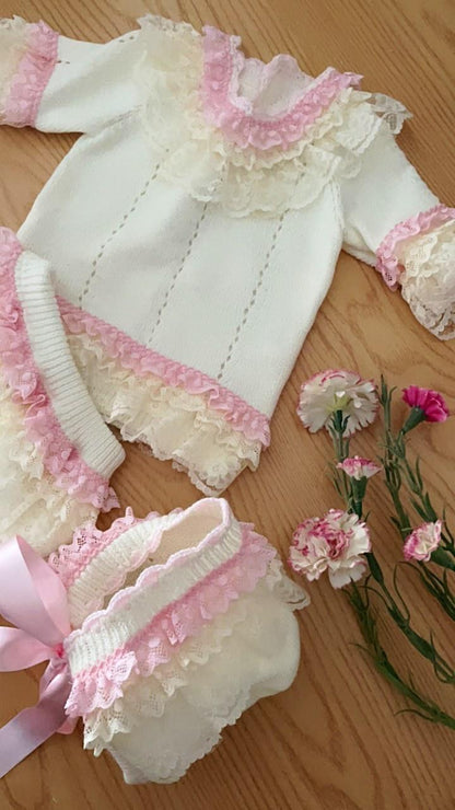 Ela Confeccion Girls Frill Lace Hand Knitted Set - (Made To Order)