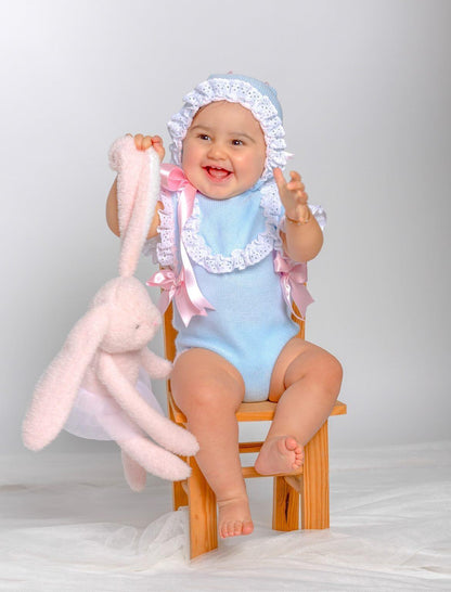 Baby Girls Baby Blue & Pink Hand Knitted Romper and Bonnet - (Made To Order)