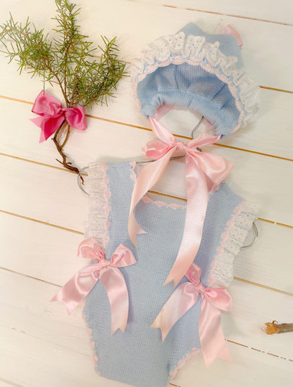 Baby Girls Baby Blue & Pink Hand Knitted Romper and Bonnet - (Made To Order)