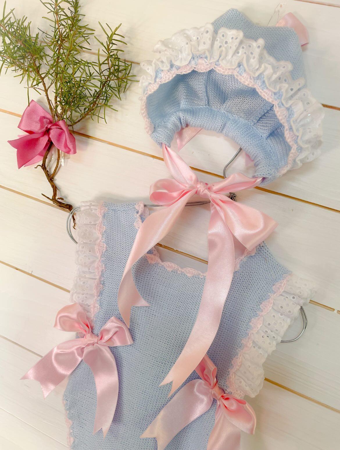 Baby Girls Baby Blue & Pink Hand Knitted Romper and Bonnet - (Made To Order)