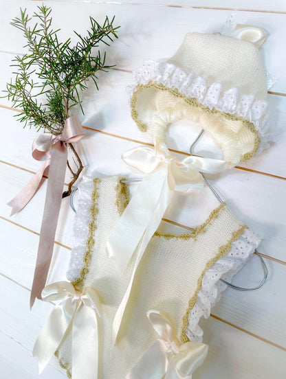 Ela Confeccion Cream Romper and Bonnet - (Made To Order)