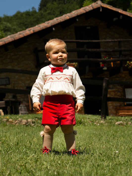 Sonata Boys Smocked Shirt And Red Shorts Set (Made to order)