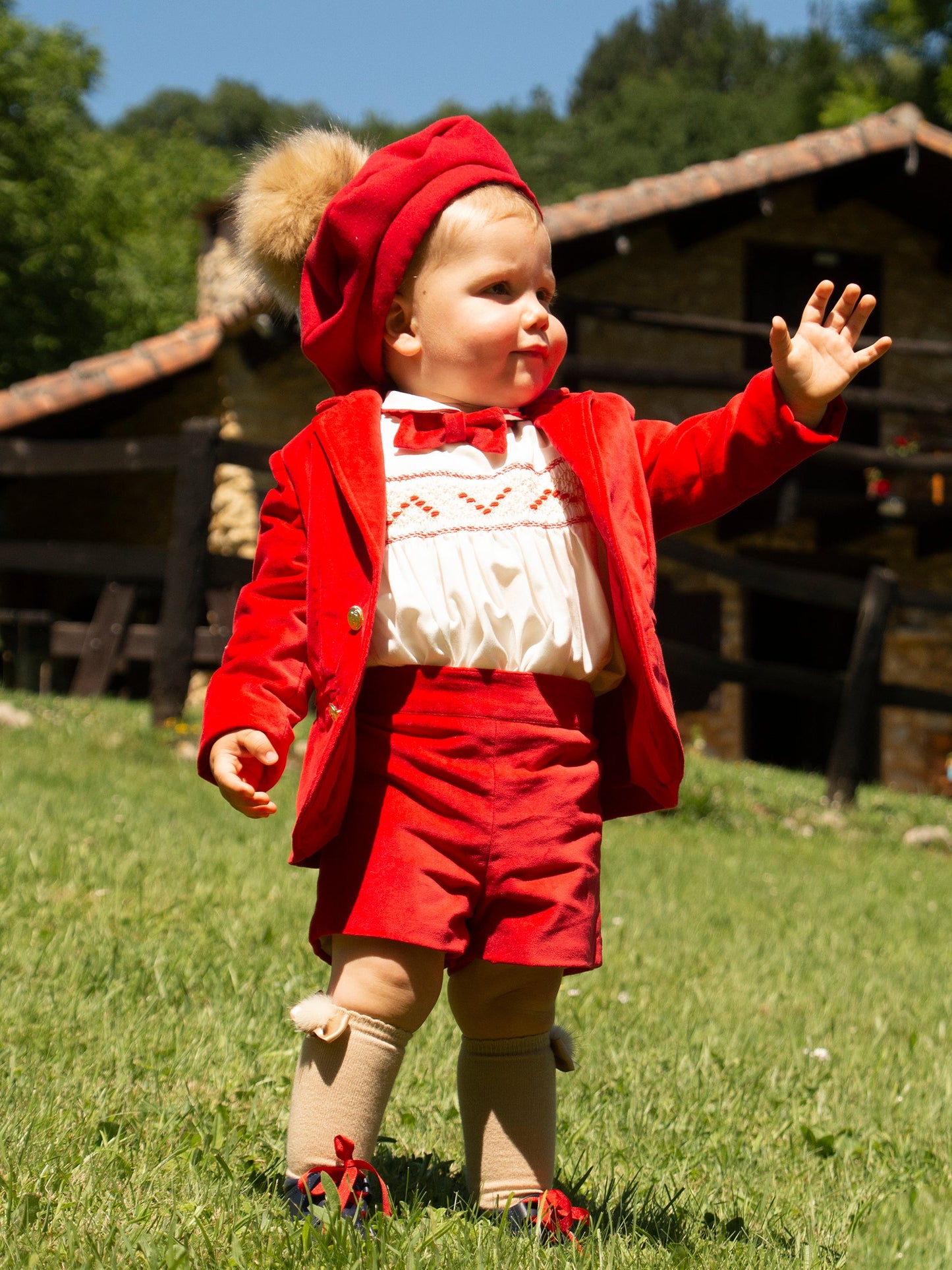 Sonata Boys Smocked Shirt And Red Shorts Set (Made to order)