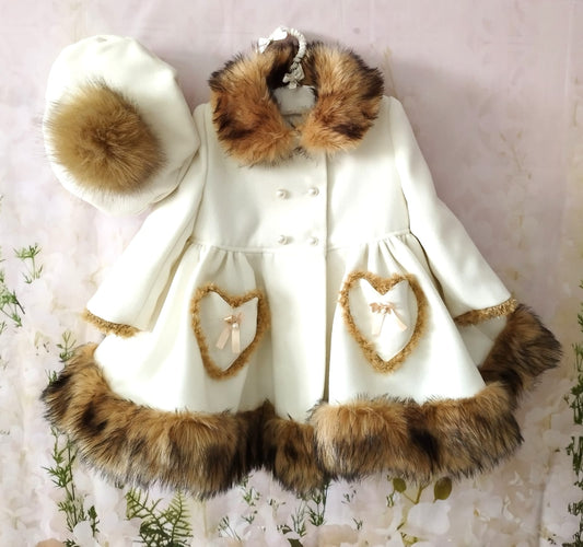 Sonata Girls Cream & Brown Faux Fur Coat (Made to order)