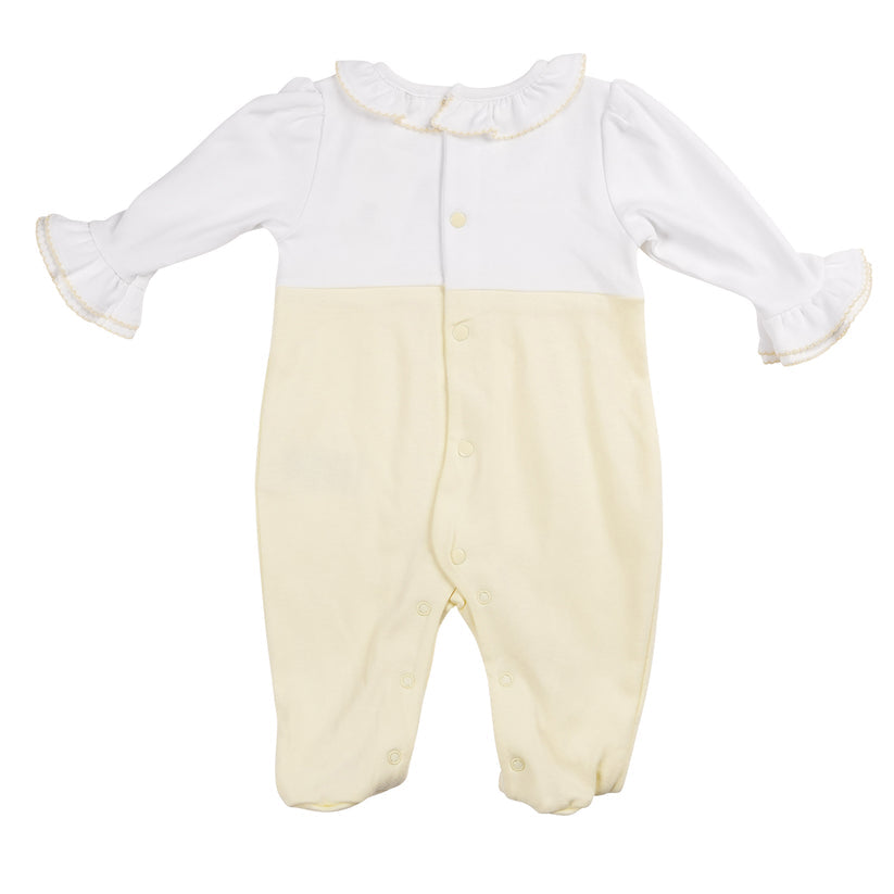 Baby Girls Yellow & White Smocked All In One Baby Grow