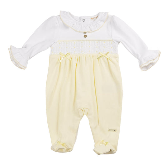 Baby Girls Yellow & White Smocked All In One Baby Grow