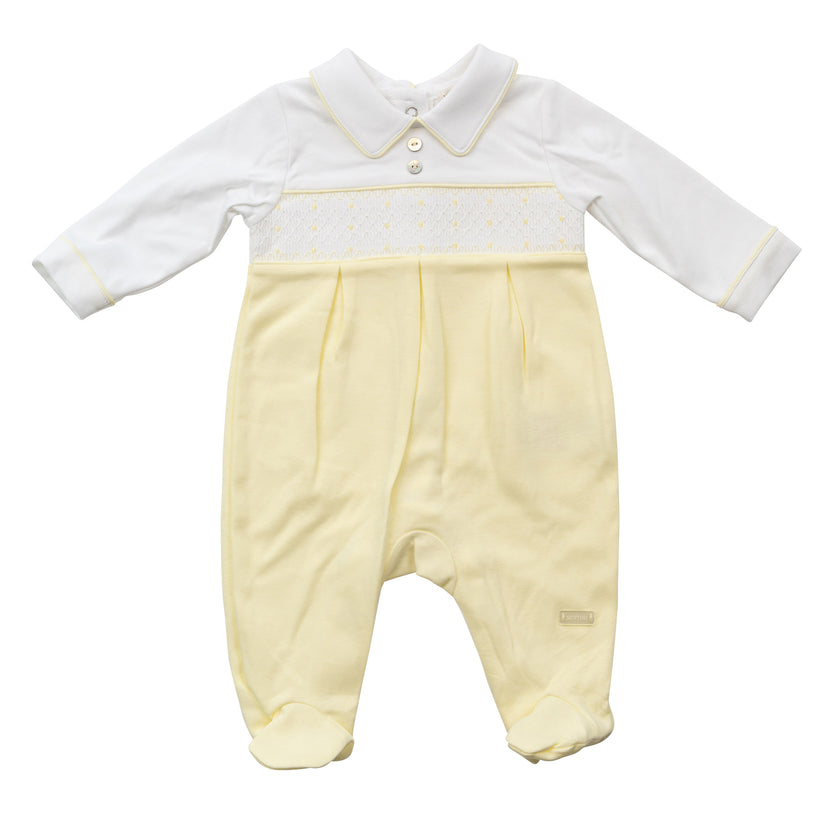 Baby Boys Yellow & White Smocked All In One Baby Grow