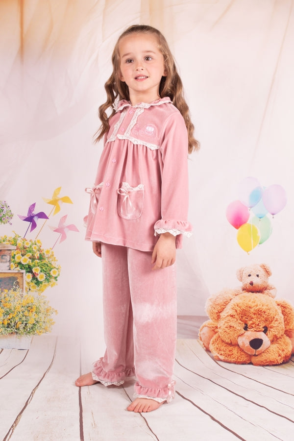 Girls Pink Velour Pyjama Set