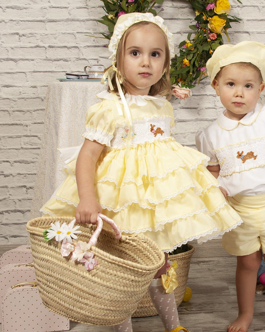 Yellow Ruffle Hand Smocked Easter Bunny Dress (Made to order)