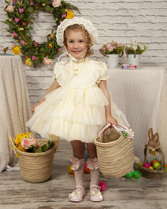 Pale Yellow Ruffle Overlay Handmade Dress - (Made to order)