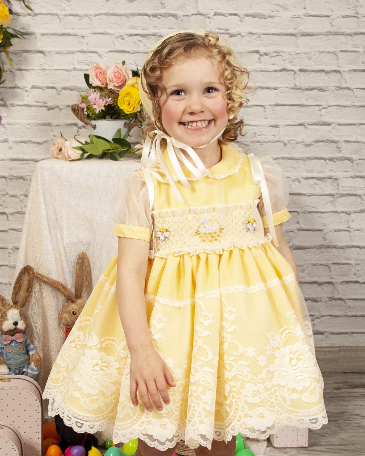 Yellow Hand Smocked Flower Basket Dress - (Made To Order)