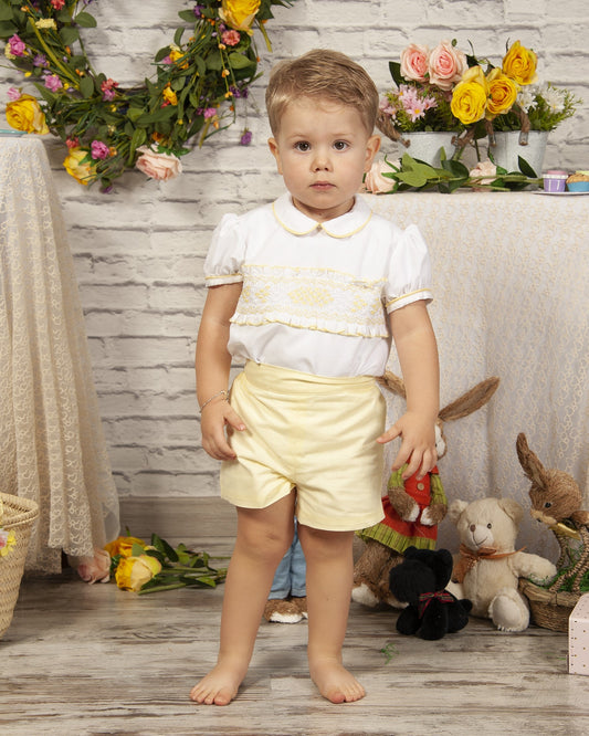 Pale Yellow Boys Handsmocked Shorts Set (Made to order)