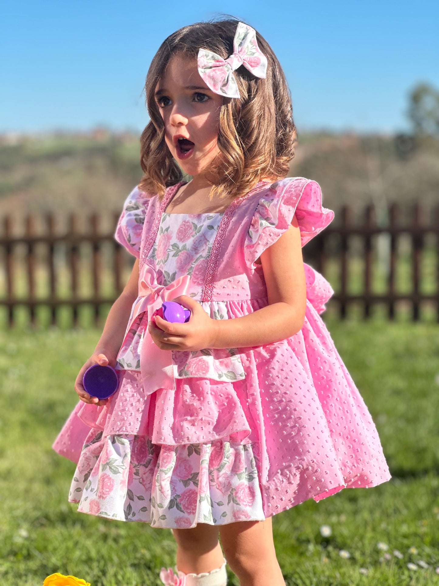 Sonata Pink Plumetti & Rose Ruffle Dress & Hair Bow - (Made To Order)