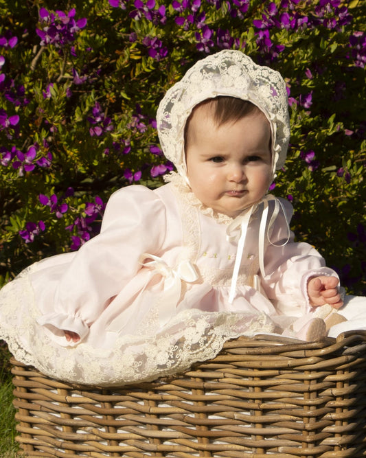 Pale Pink Embroidered Puffball Dress, Knickers & Bonnet (Made to order)