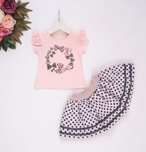 Girls Peach Bow Print Polka Dot Top & Skirt Set