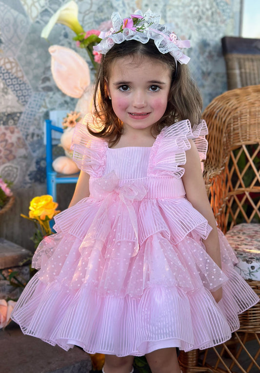 Girls Pink Handmade Layered Ruffle Dress - (Made To Order)