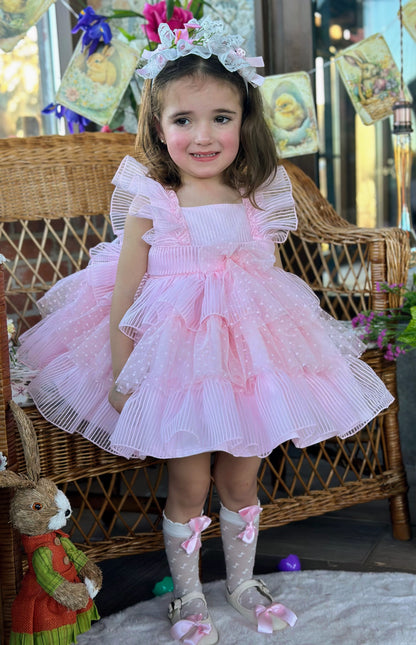 Girls Pink Handmade Layered Ruffle Dress - (Made To Order)