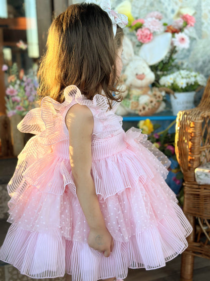 Girls Pink Handmade Layered Ruffle Dress - (Made To Order)