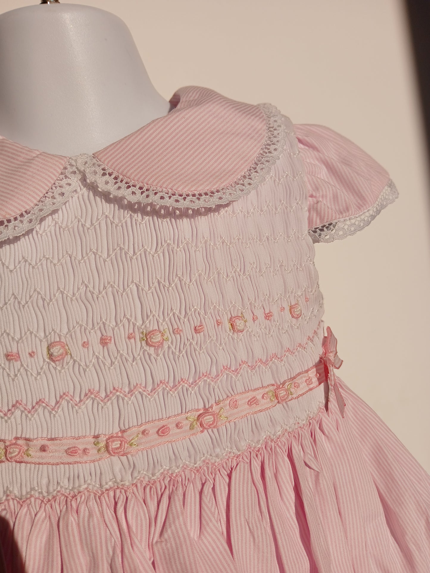 Girls Strippy Pink Smocked Dress