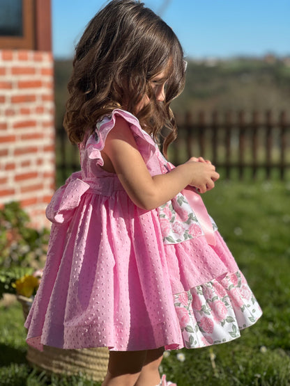 Sonata Pink Plumetti & Rose Ruffle Dress & Hair Bow - (Made To Order)