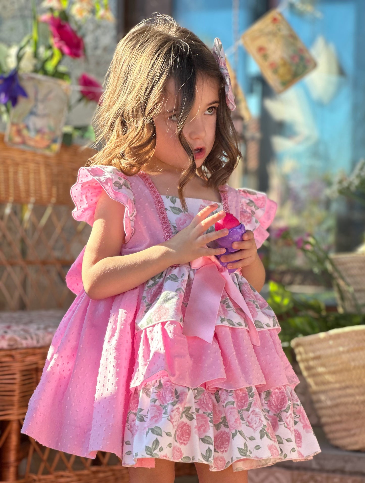 Sonata Pink Plumetti & Rose Ruffle Dress & Hair Bow - (Made To Order)