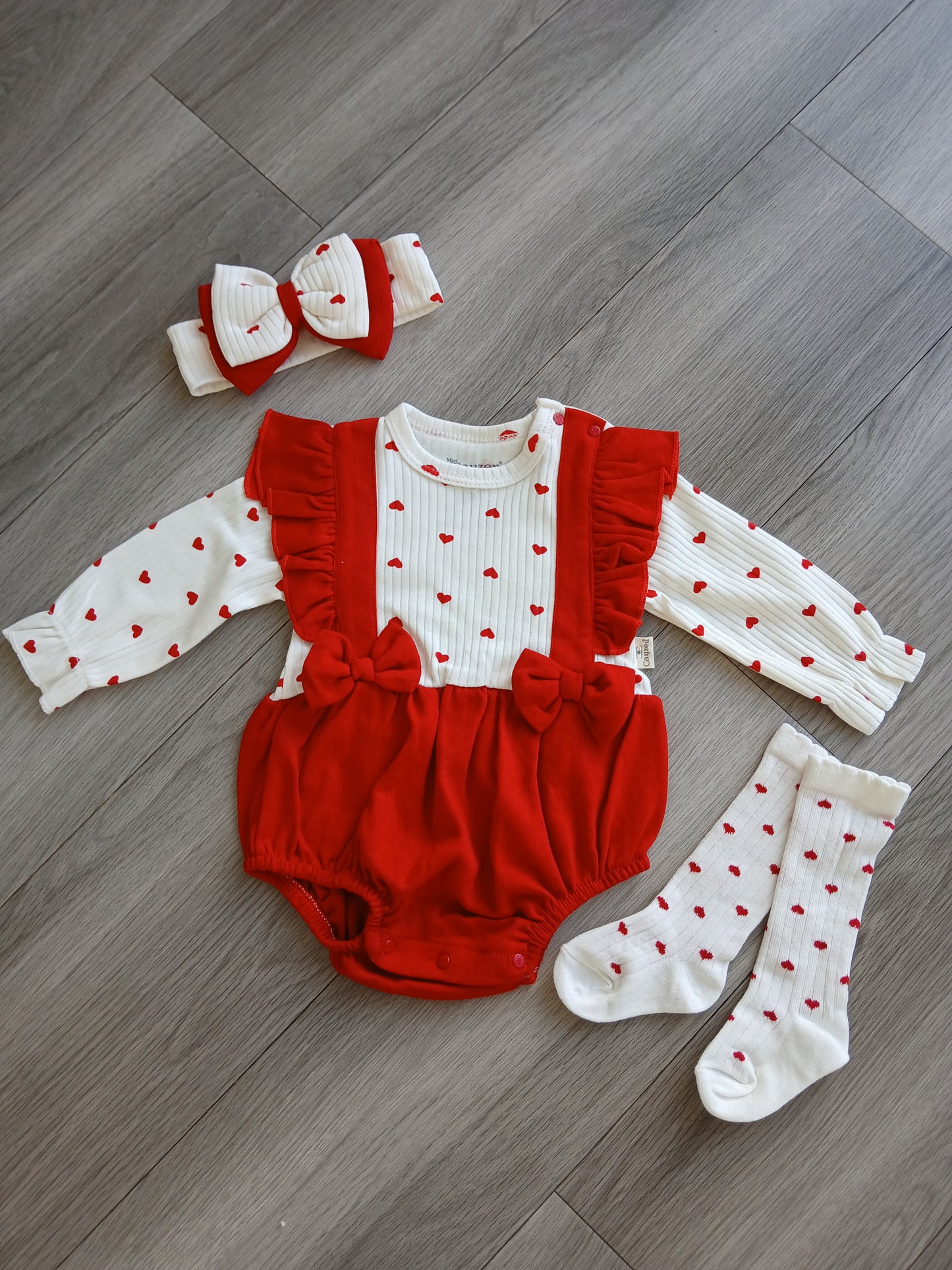 Girls Red Heart Romper with headband & socks